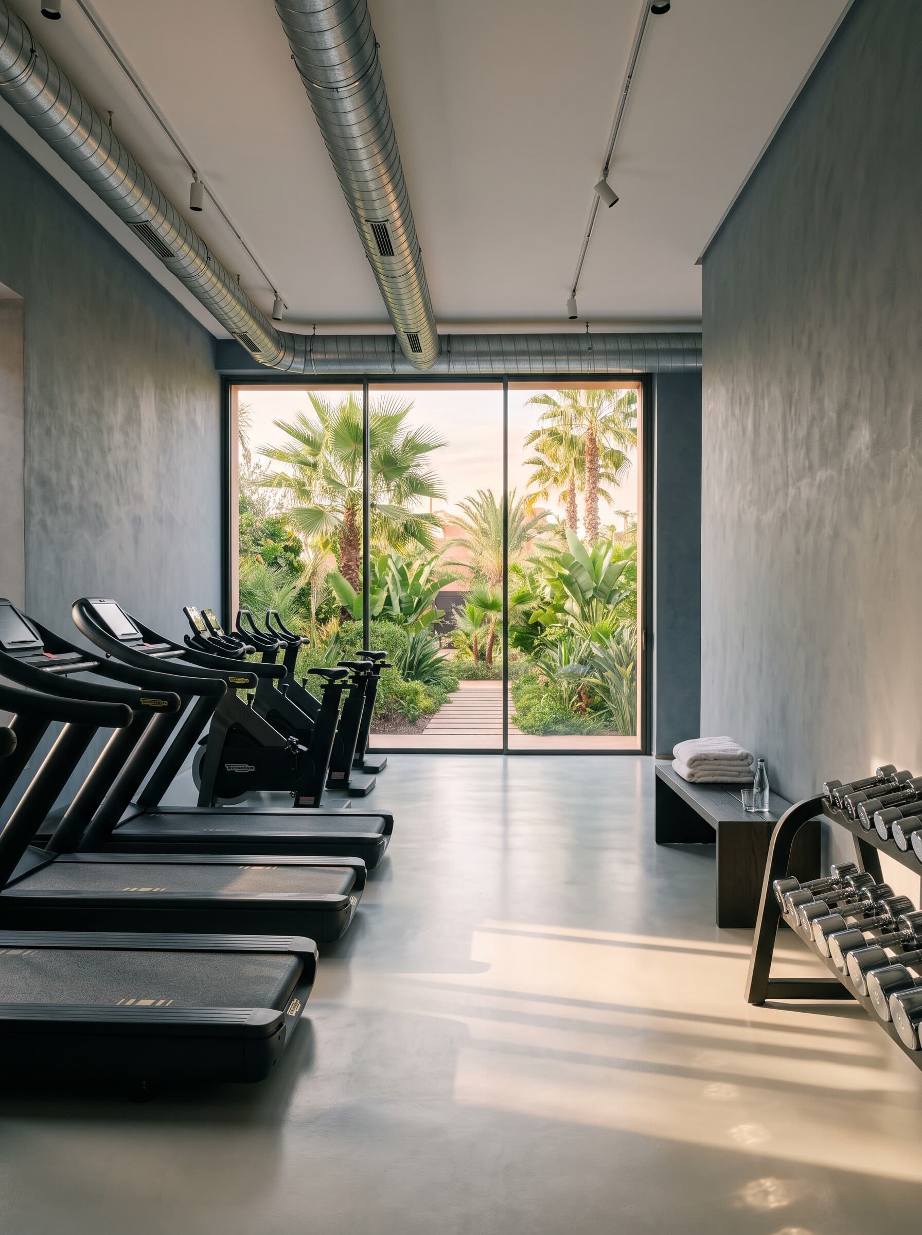 Espace cardio lumineux du club femmes Alpha Form, face aux palmiers