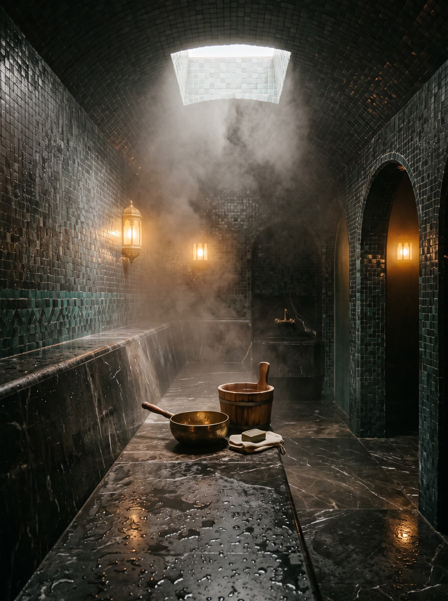 Hammam traditionnel marocain, mosaïque sombre et puits de lumière
