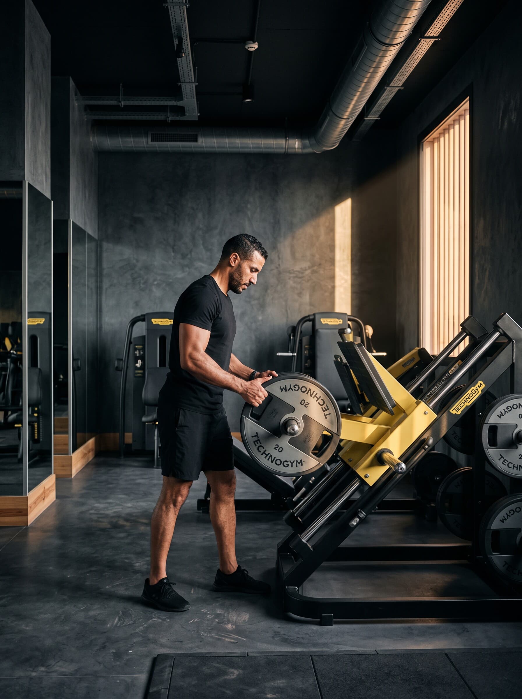 Zone de musculation Technogym sous la charpente bois