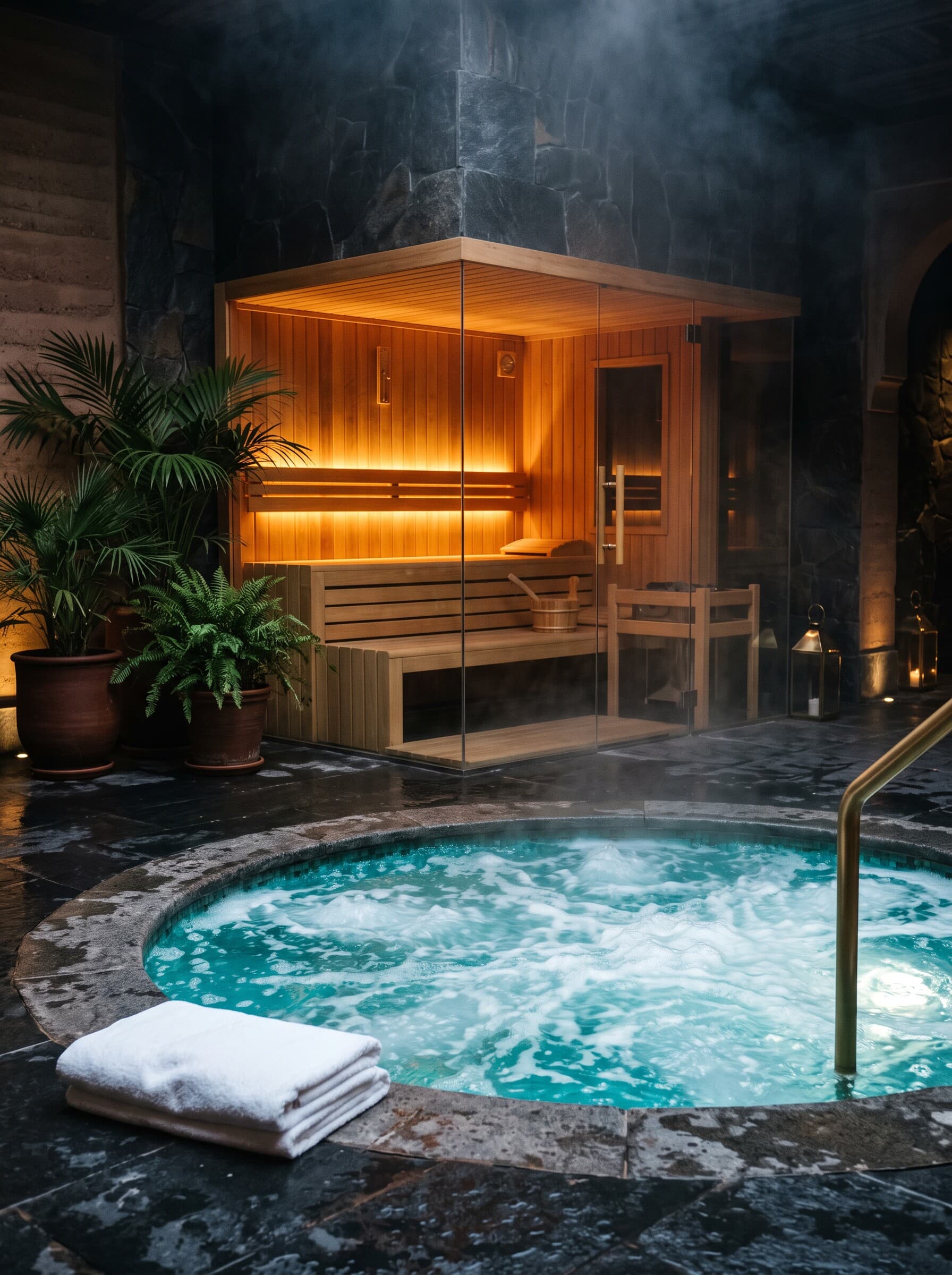 Jacuzzi turquoise devant un sauna en bois
